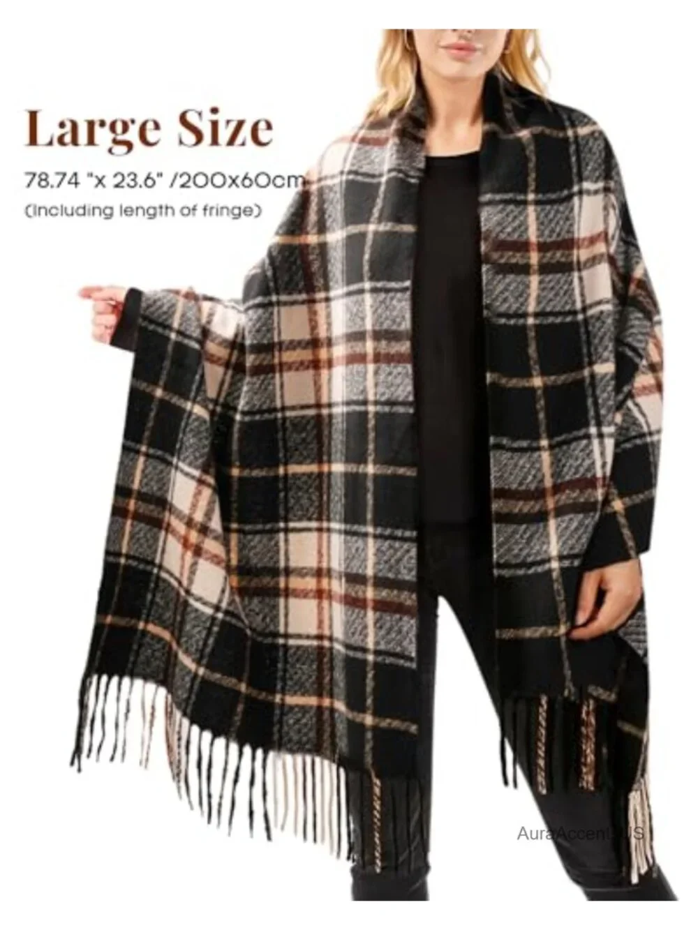 Oversized Plaid Winter Scarf Shawl Wrap Tassel Fringe Soft Warm Pashmina Women
